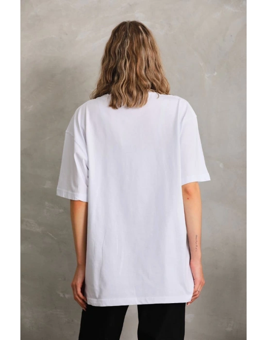 Bisiklet Yaka 20/1 Düz Oversize T-Shirt - Beyaz -