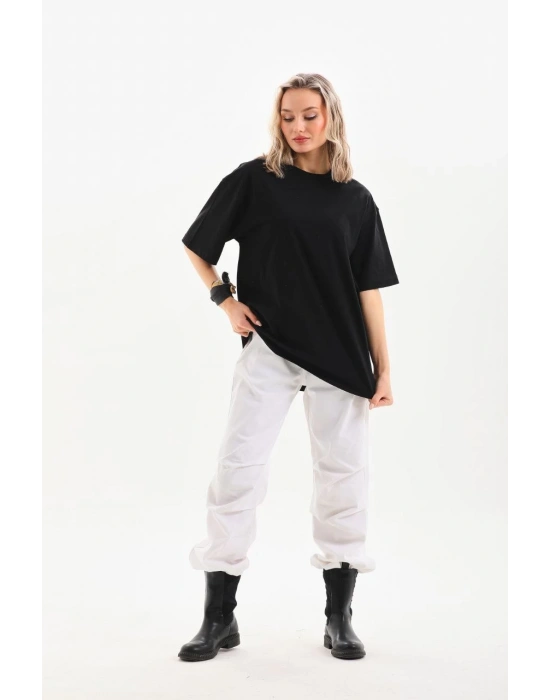 Bisiklet Yaka 20/1 Düz Oversize T-Shirt - Siyah -