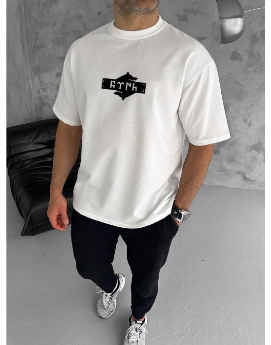 Bisiklet Yaka Baskılı Double Oversize T-Shirt - Beyaz -