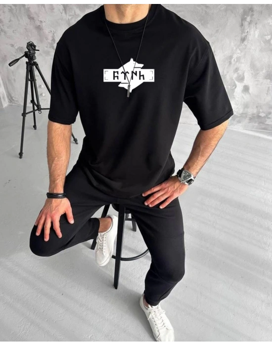 Bisiklet Yaka Baskılı Double Oversize T-Shirt - Siyah -