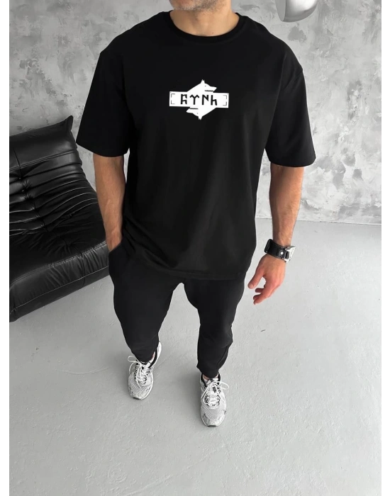 Bisiklet Yaka Baskılı Double Oversize T-Shirt - Siyah -