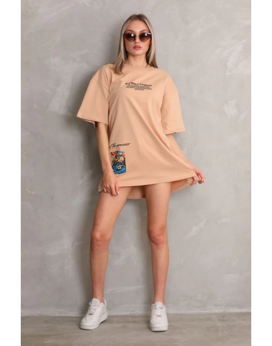Bisiklet Yaka Baskılı Oversize T-Shirt - Bej