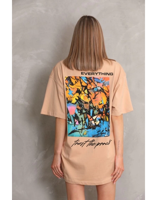 Bisiklet Yaka Baskılı Oversize T-Shirt - Bej