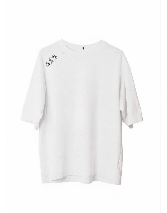 Bisiklet Yaka Baskılı Oversize T-Shirt - Beyaz -