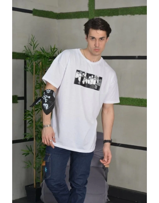 Bisiklet Yaka Baskılı Oversize T-Shirt - Beyaz -