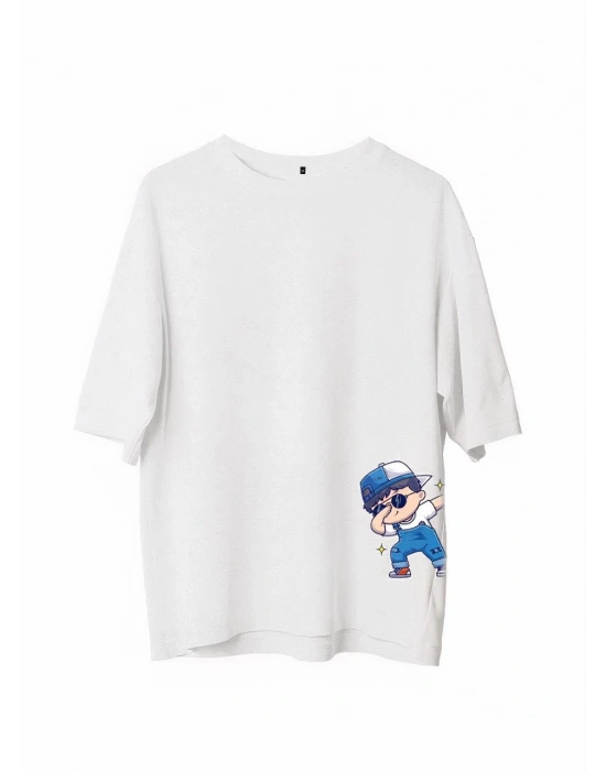 Bisiklet Yaka Baskılı Oversize T-Shirt - Beyaz -