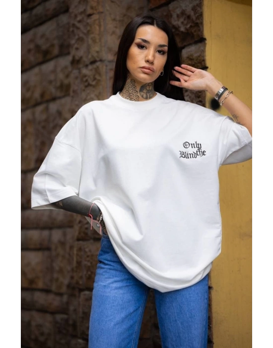 Bisiklet Yaka Baskılı Oversize T-Shirt - Beyaz -