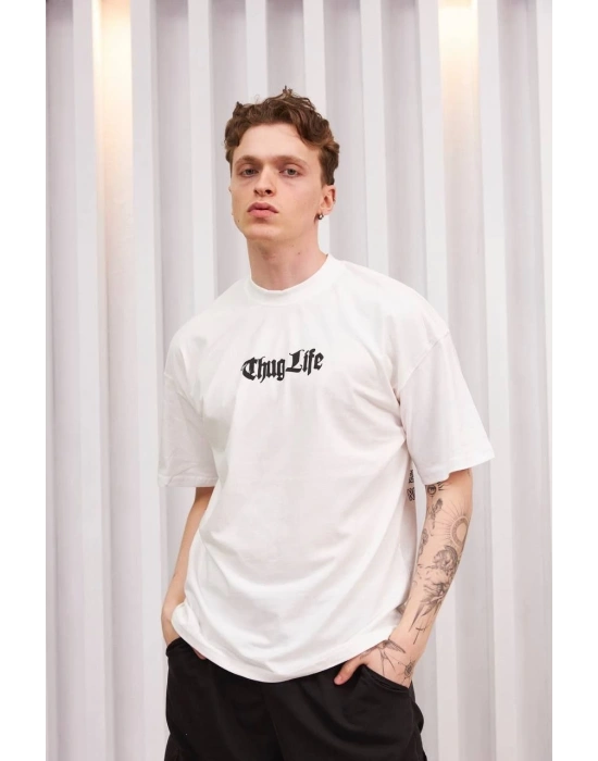 Bisiklet Yaka Baskılı Oversize T-Shirt - Beyaz -