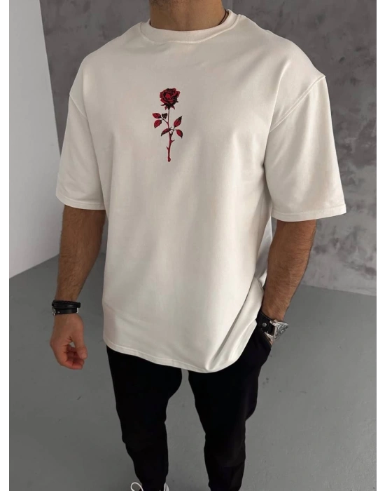 Bisiklet Yaka Baskılı Oversize T-Shirt - Beyaz -