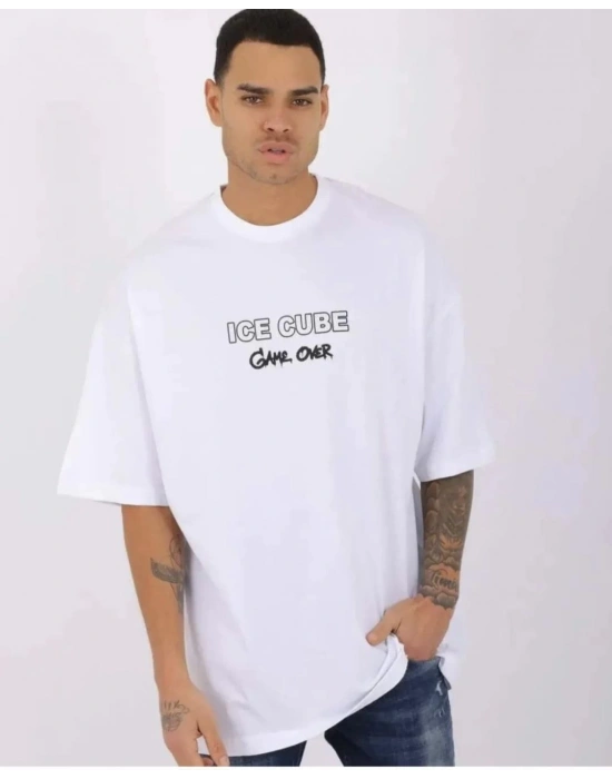 Bisiklet Yaka Baskılı Oversize T-Shirt - Beyaz