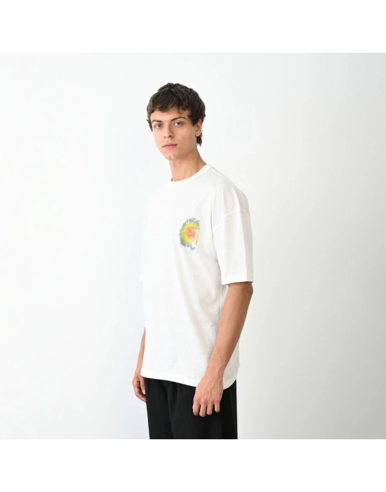 Bisiklet Yaka Baskılı Oversize T-Shirt - Beyaz -