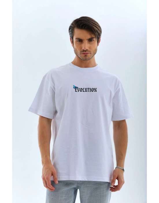 Bisiklet Yaka Baskılı Oversize T-Shirt - Beyaz -