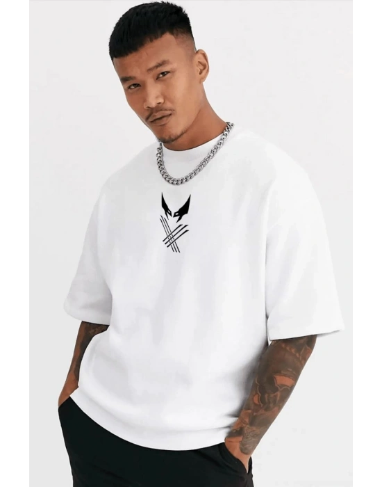 Bisiklet Yaka Baskılı Oversize T-Shirt - Beyaz -