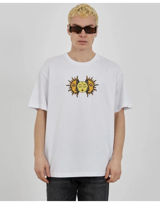 Bisiklet Yaka Baskılı Oversize T-Shirt - Beyaz -