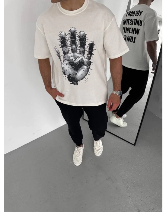 Bisiklet Yaka Baskılı Oversize T-Shirt - Beyaz -