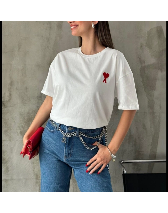 Bisiklet Yaka Baskılı Oversize T-Shirt - Beyaz -