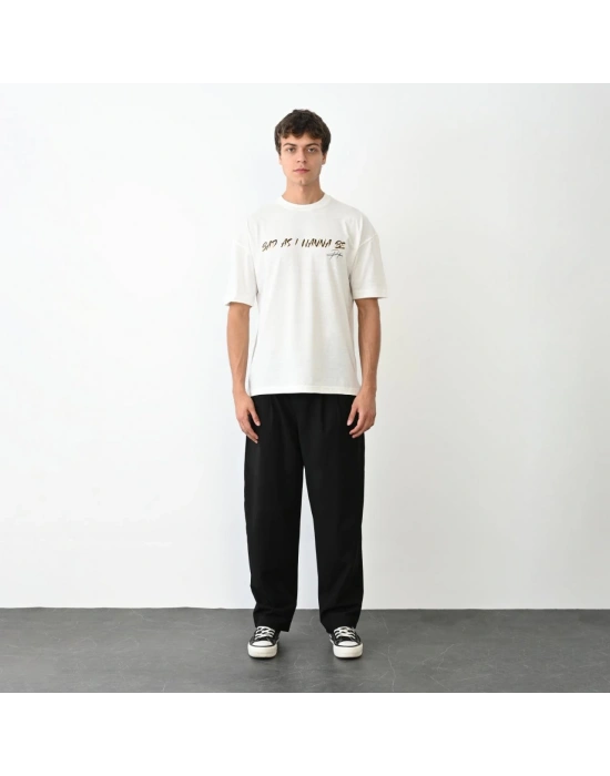 Bisiklet Yaka Baskılı Oversize T-Shirt - Beyaz -