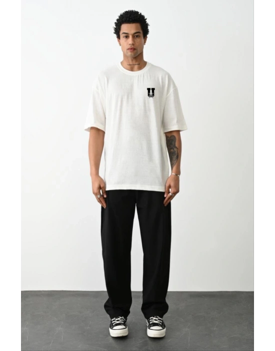 Bisiklet Yaka Baskılı Oversize T-Shirt - Beyaz -