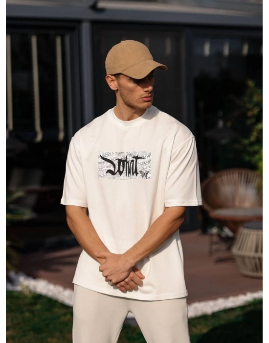 Bisiklet Yaka Baskılı Oversize T-Shirt - Beyaz -