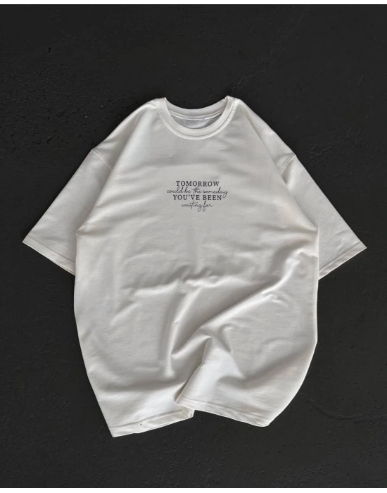 Bisiklet Yaka Baskılı Oversize T-Shirt - Beyaz