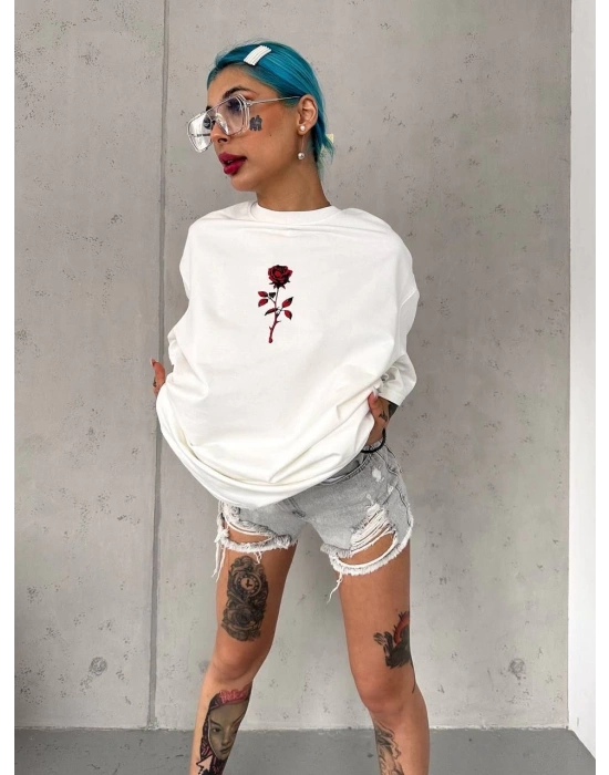 Bisiklet Yaka Baskılı Oversize T-Shirt - Beyaz -