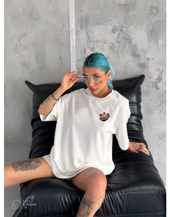 Bisiklet Yaka Baskılı Oversize T-Shirt - Beyaz -