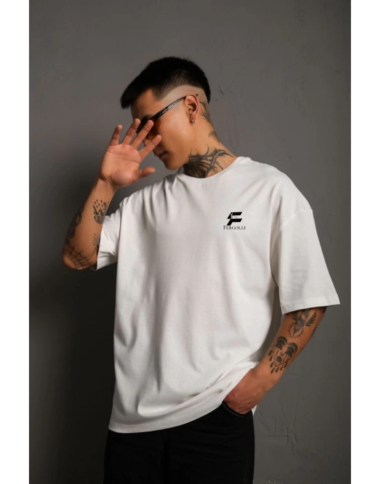 Bisiklet Yaka Baskılı Oversize T-Shirt - Beyaz -