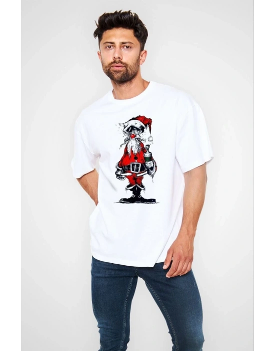 Bisiklet Yaka Baskılı Oversize T-Shirt - Beyaz -