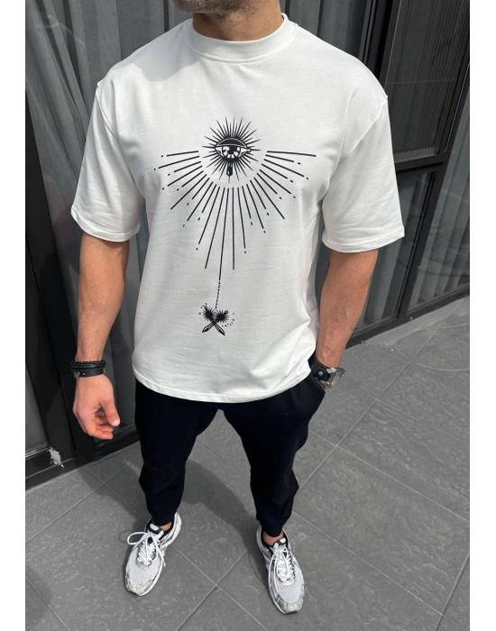 Bisiklet Yaka Baskılı Oversize T-Shirt - Beyaz -