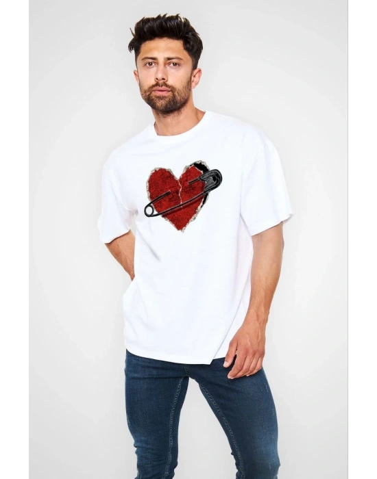 Bisiklet Yaka Baskılı Oversize T-Shirt - Beyaz -