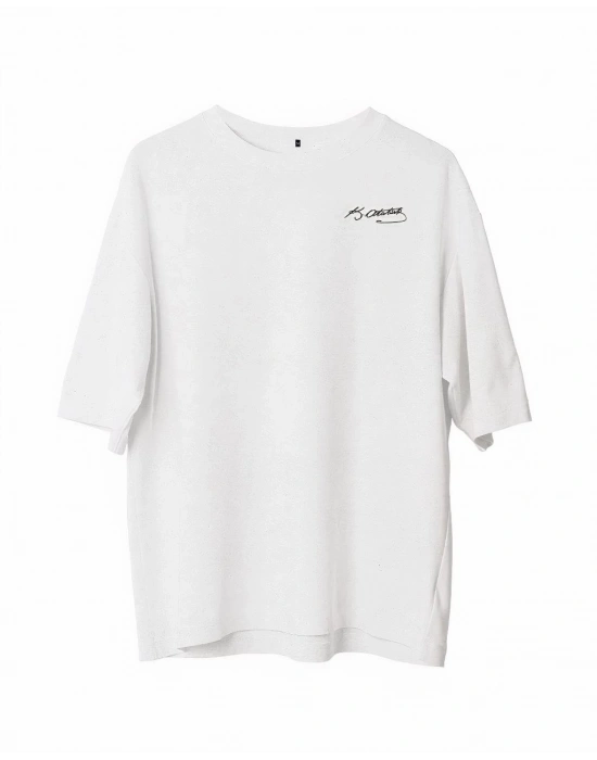 Bisiklet Yaka Baskılı Oversize T-Shirt - Beyaz