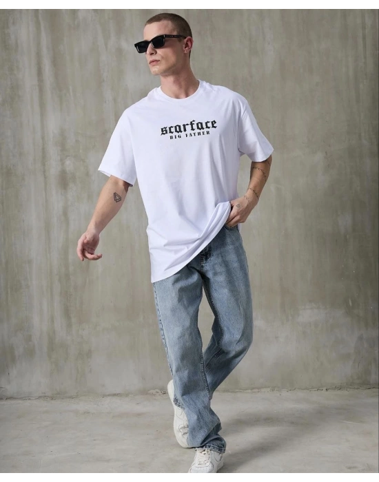 Bisiklet Yaka Baskılı Oversize T-Shirt - Beyaz