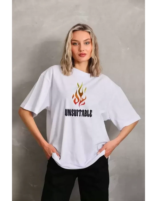 Bisiklet Yaka Baskılı Oversize T-Shirt - Beyaz -