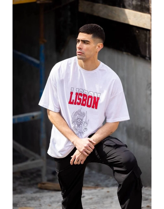 Bisiklet Yaka Baskılı Oversize T-Shirt - Beyaz -