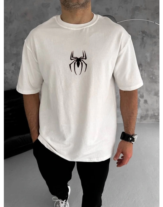 Bisiklet Yaka Baskılı Oversize T-Shirt - Beyaz -