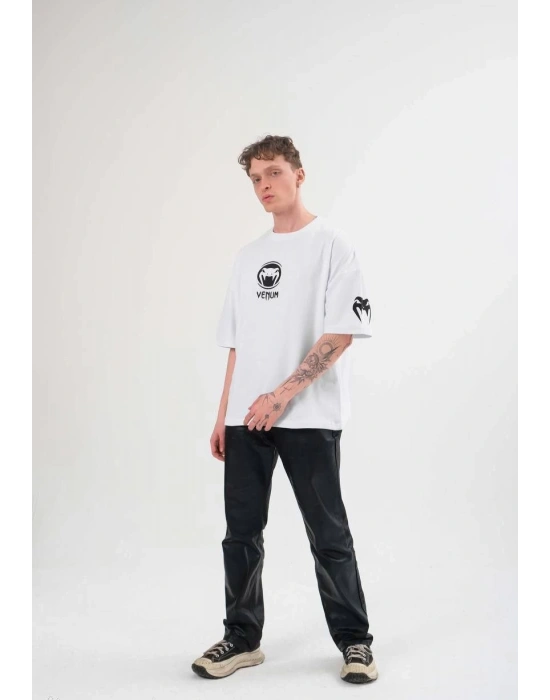 Bisiklet Yaka Baskılı Oversize T-Shirt - Beyaz -