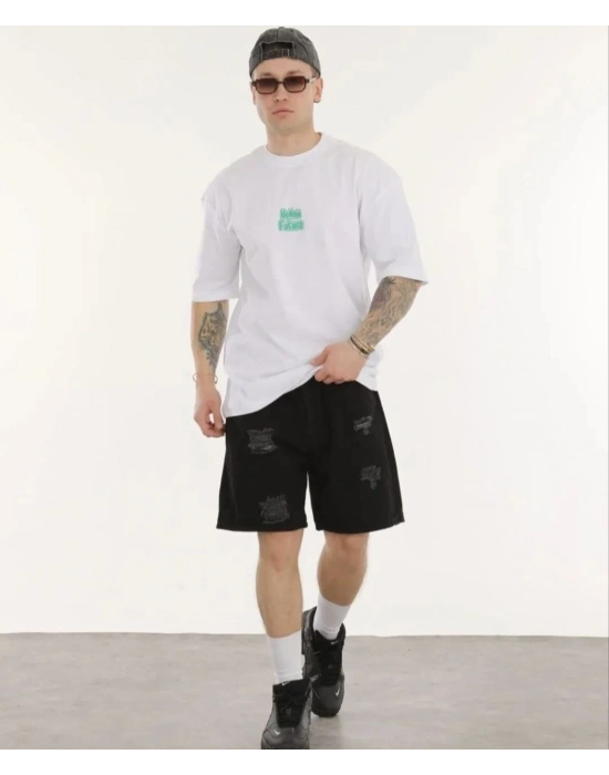 Bisiklet Yaka Baskılı Oversize T-Shirt - Beyaz