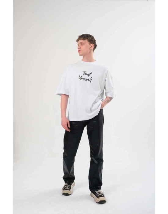 Bisiklet Yaka Baskılı Oversize T-Shirt - Beyaz -