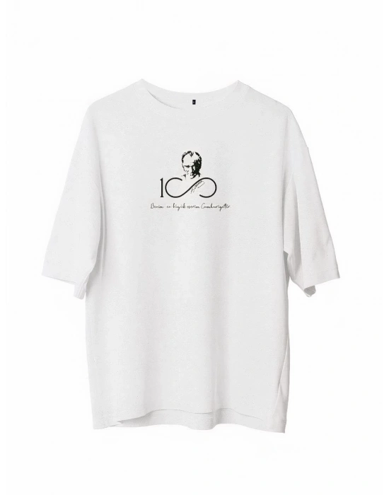 Bisiklet Yaka Baskılı Oversize T-Shirt - Beyaz -