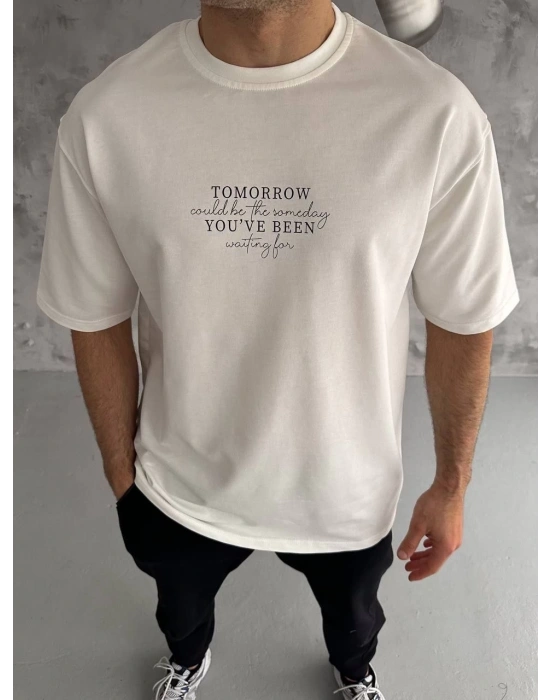 Bisiklet Yaka Baskılı Oversize T-Shirt - Beyaz -