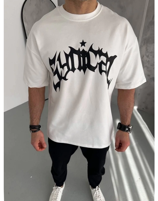 Bisiklet Yaka Baskılı Oversize T-Shirt - Beyaz -