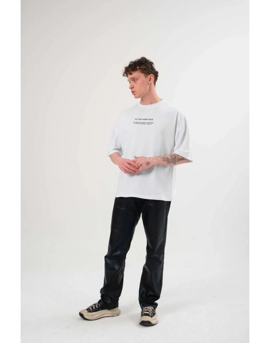 Bisiklet Yaka Baskılı Oversize T-Shirt - Beyaz -