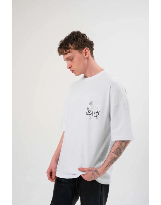 Bisiklet Yaka Baskılı Oversize T-Shirt - Beyaz -