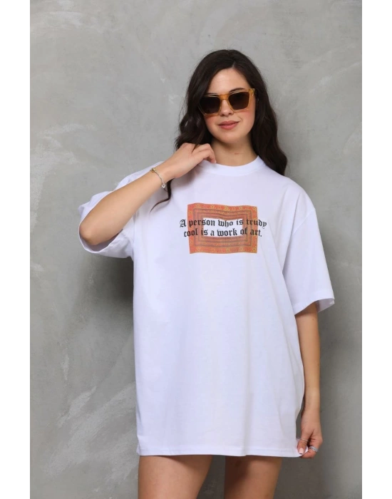 Bisiklet Yaka Baskılı Oversize T-Shirt - Beyaz -
