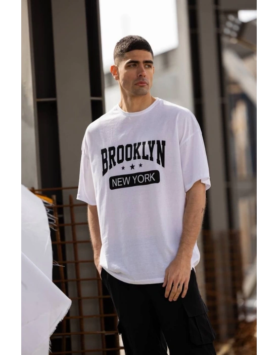 Bisiklet Yaka Baskılı Oversize T-Shirt - Beyaz -