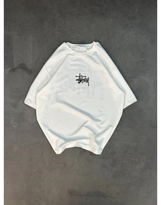 Bisiklet Yaka Baskılı Oversize T-Shirt - Beyaz -