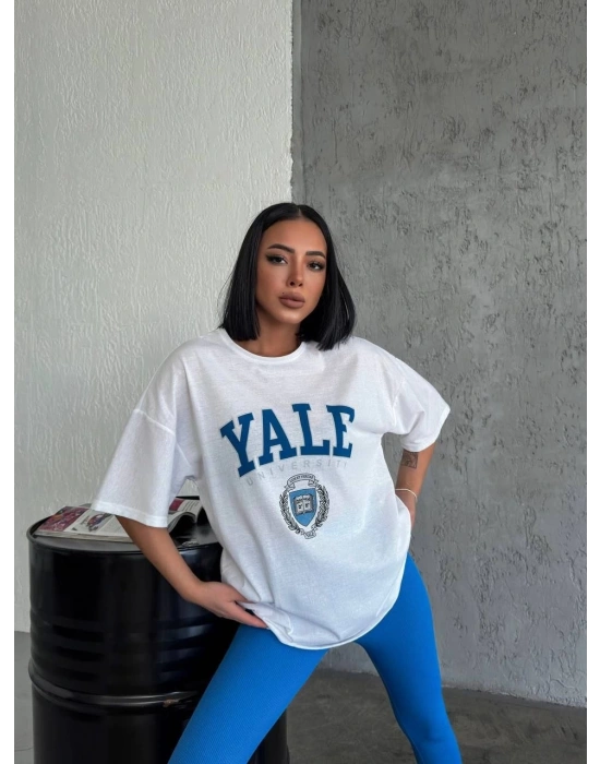 Bisiklet Yaka Baskılı Oversize T-Shirt - Beyaz