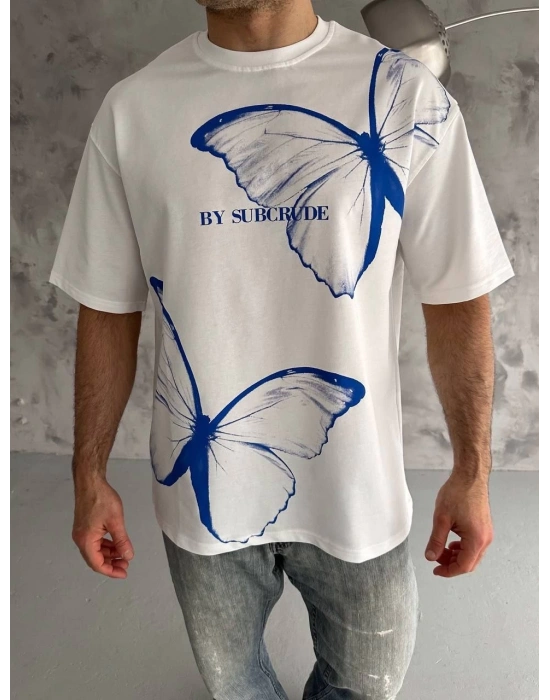 Bisiklet Yaka Baskılı Oversize T-Shirt - Beyaz