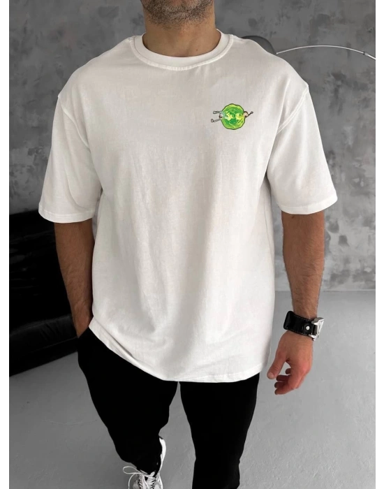 Bisiklet Yaka Baskılı Oversize T-Shirt - Beyaz -