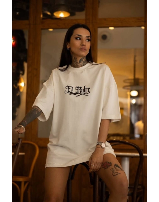 Bisiklet Yaka Baskılı Oversize T-Shirt - Beyaz -
